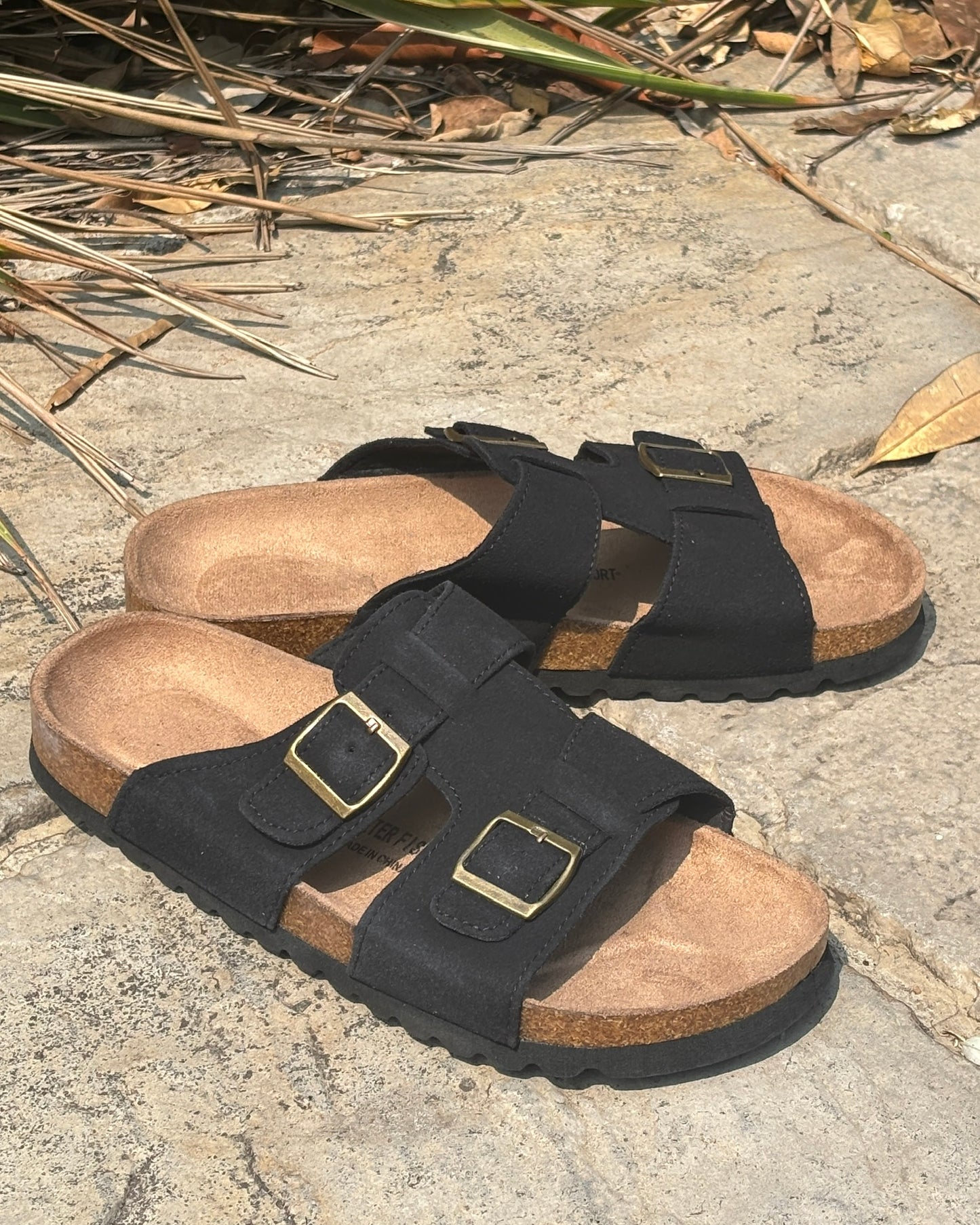 DOUBLE BUCKLE CORK SANDALS