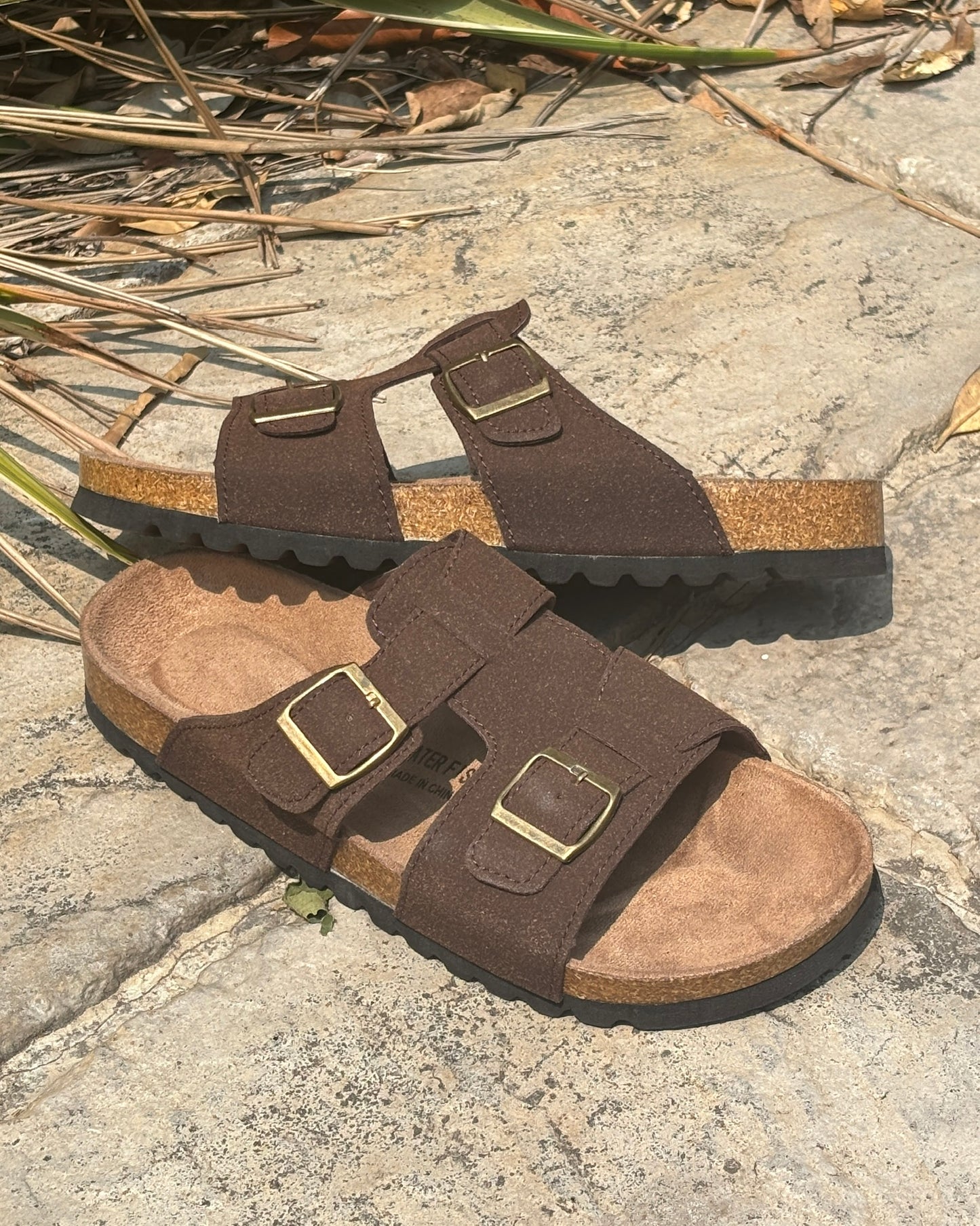 DOUBLE BUCKLE CORK SANDALS
