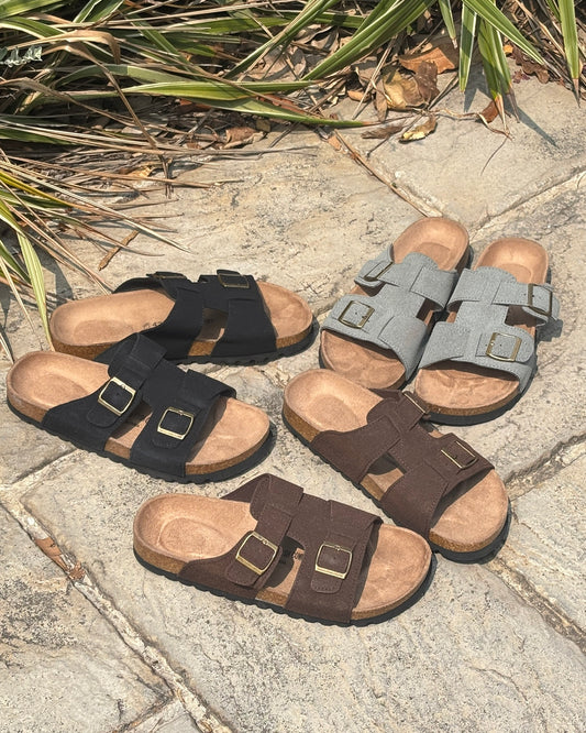 DOUBLE BUCKLE CORK SANDALS